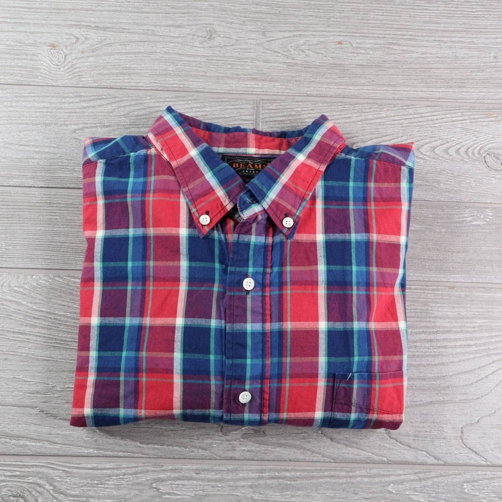Beams Plus Japan Plaid Button Down Shirt Men's XXL Red Blue Cotton